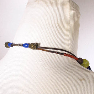 Double Strand Beaded Necklace with blue red turquoise & green glass & gemstone beads lobster claw clasp