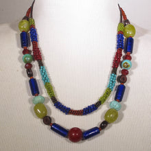 Load image into Gallery viewer, Double Strand Beaded Necklace with blue red turquoise &amp; green glass &amp; gemstone beads