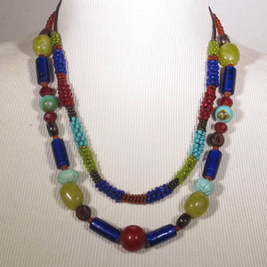 Double Strand Beaded Necklace with blue red turquoise & green glass & gemstone beads