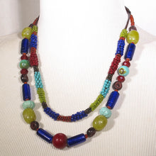 Load image into Gallery viewer, Double Strand Beaded Necklace with blue red turquoise &amp; green glass &amp; gemstone beads