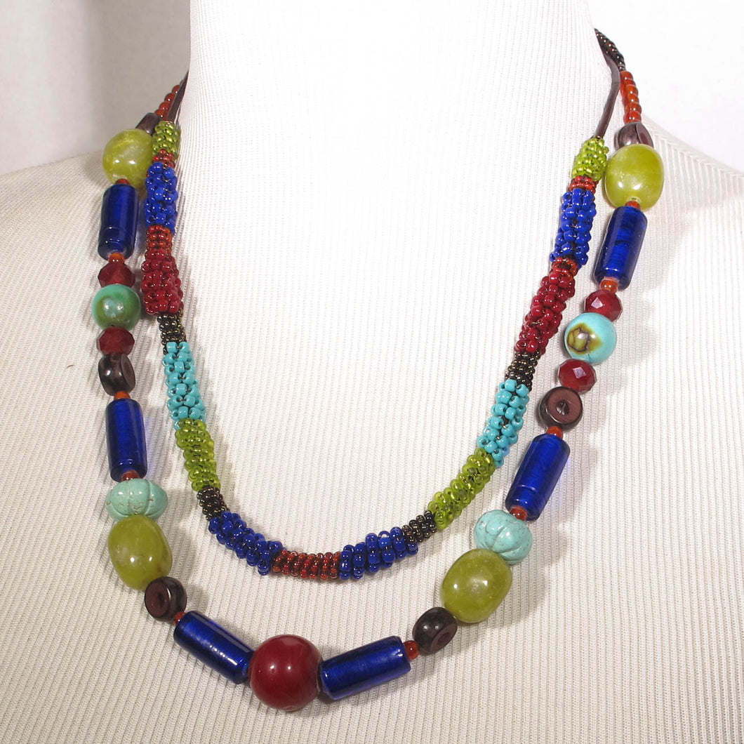 Double Strand Beaded Necklace with blue red turquoise & green glass & gemstone beads