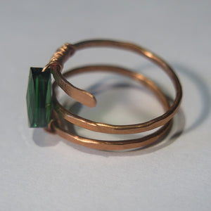 Hammered Triple Row Copper Helix Ring with Emerald Green Swarovski Crystal, Copper