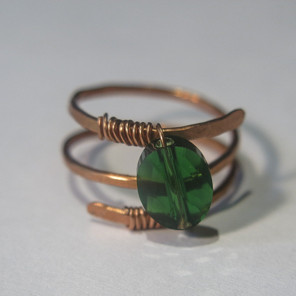Hammered Triple Row Copper Helix Ring with Emerald Green Swarovski Crystal