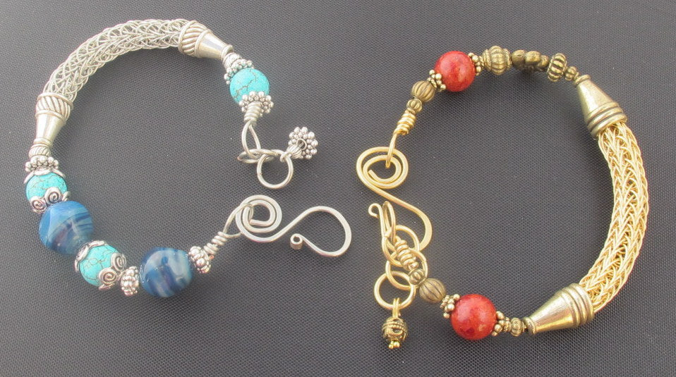Viking Knit Bangle Bracelet with Beads & Handmade Clasp
